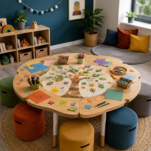 Collaborative learning table with a large tree puzzle, creative materials and shared activities that encourage teamwork and social confidence.