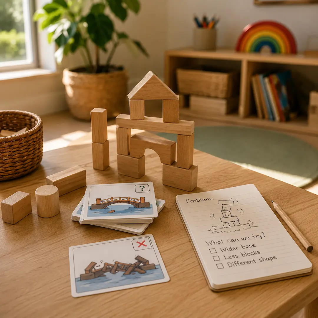 Wooden block challenge with planning cards and trial-and-error prompts, showing how everyday play builds problem-solving skills.