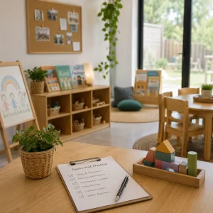 Warm and welcoming childcare classroom featuring learning resources, children's activity areas, educational toys, and a childcare centre visit checklist for parents choosing an early learning environment