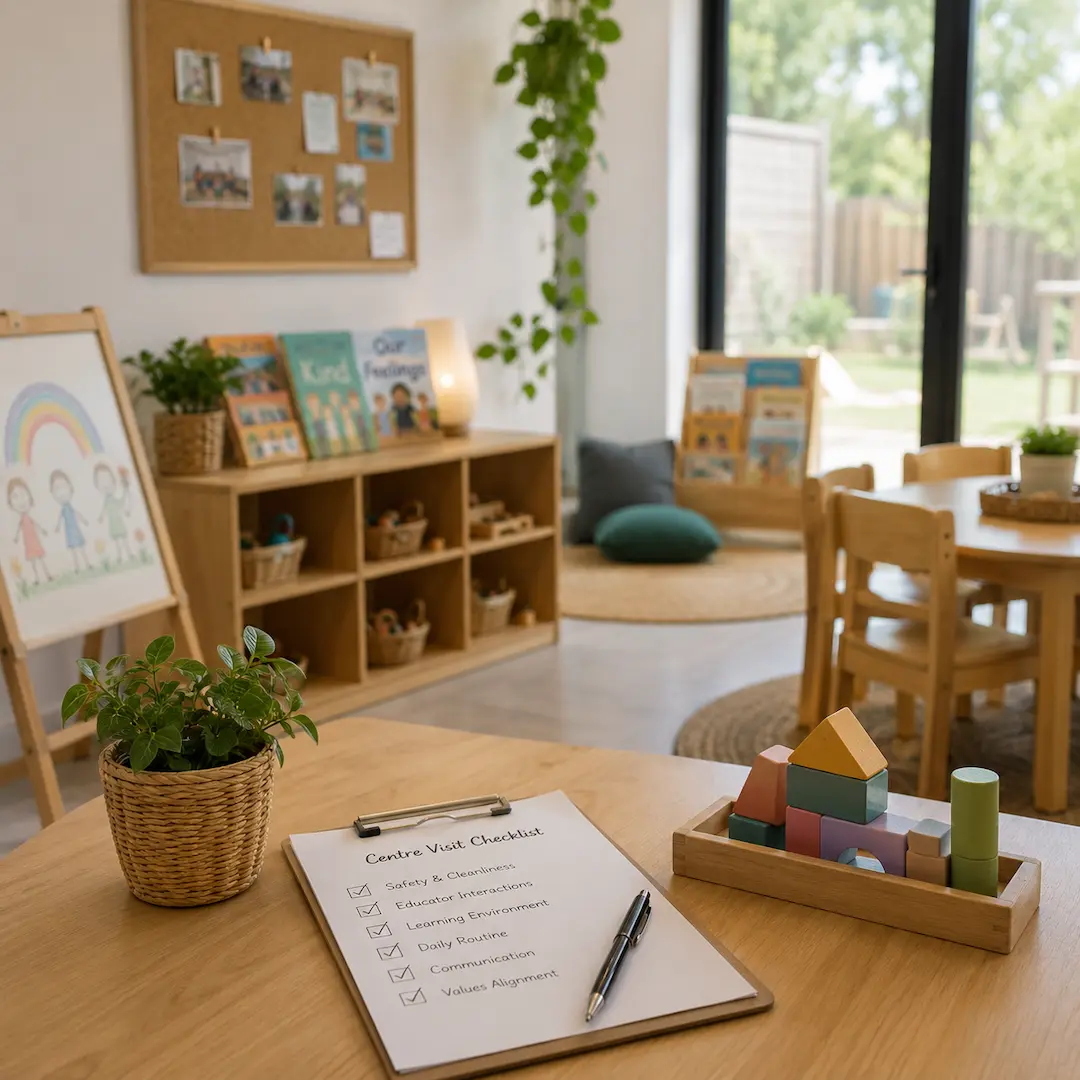 Warm and welcoming childcare classroom featuring learning resources, children's activity areas, educational toys, and a childcare centre visit checklist for parents choosing an early learning environment