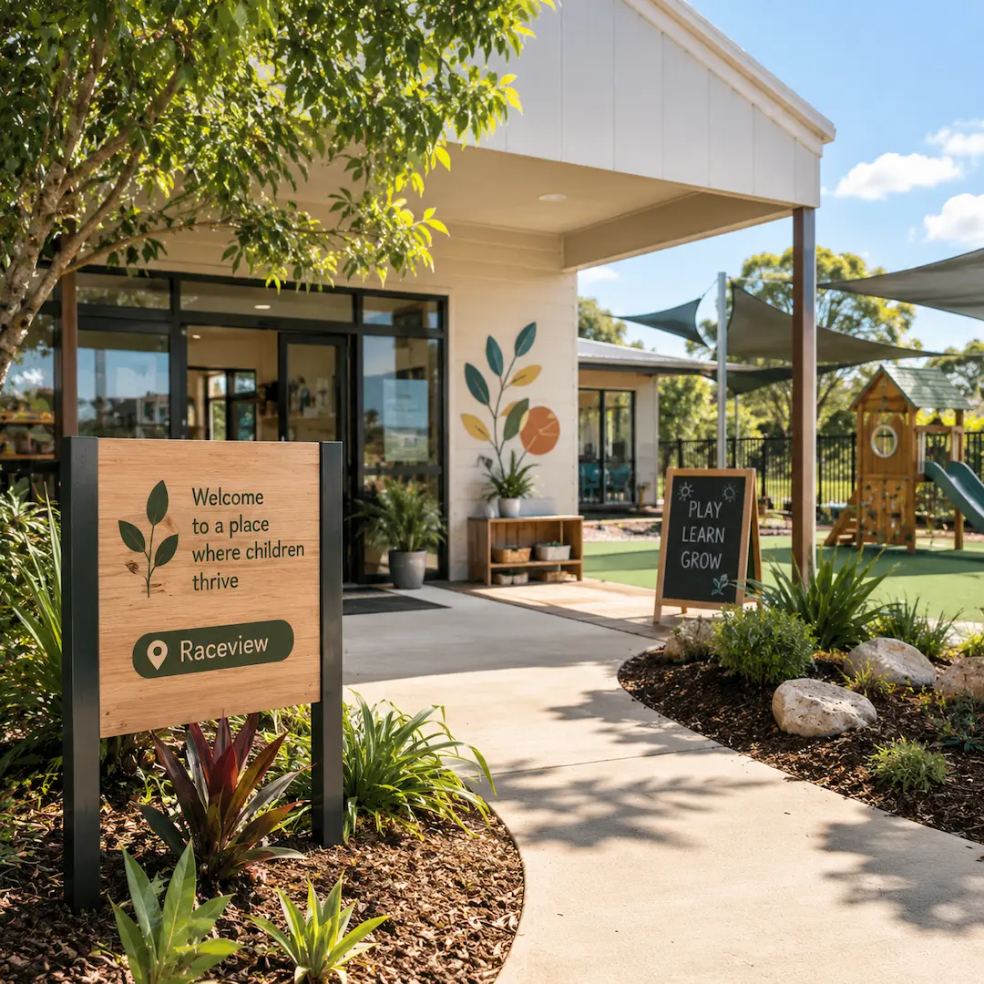 Modern childcare centre entrance in Raceview featuring outdoor play areas, welcoming learning spaces, and family-friendly facilities viewed during a childcare centre tour.