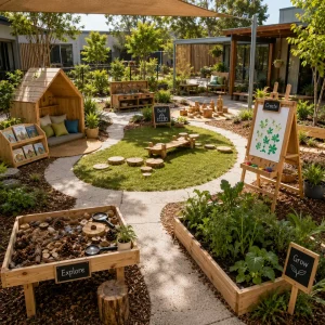 High-quality Queensland preschool outdoor learning environment with nature play, sensory exploration, creative activities, reading nook, and garden spaces.