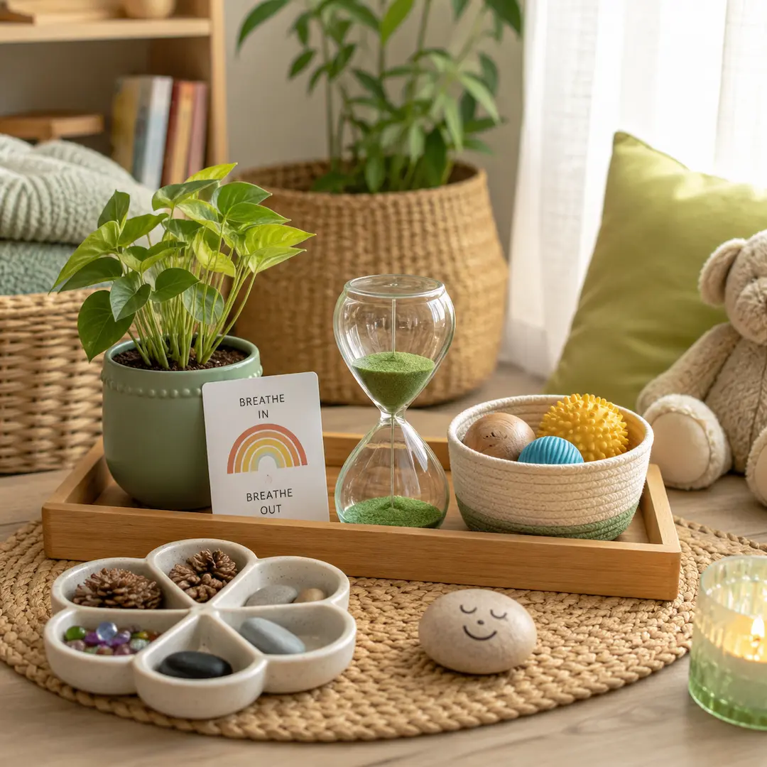Preschool mindfulness setup with sensory toys, breathing card, hourglass, plants, and calming natural elements in a cozy home space.