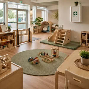 Safe and supportive childcare centre classroom with secure gate, soft play equipment, organised learning areas, and child-friendly furniture.
