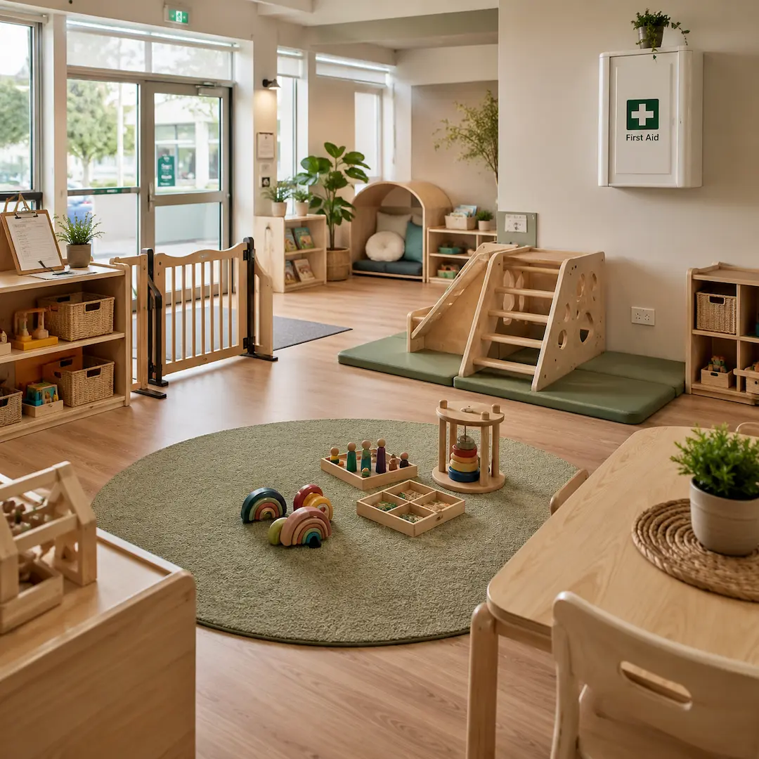 Safe and supportive childcare centre classroom with secure gate, soft play equipment, organised learning areas, and child-friendly furniture.
