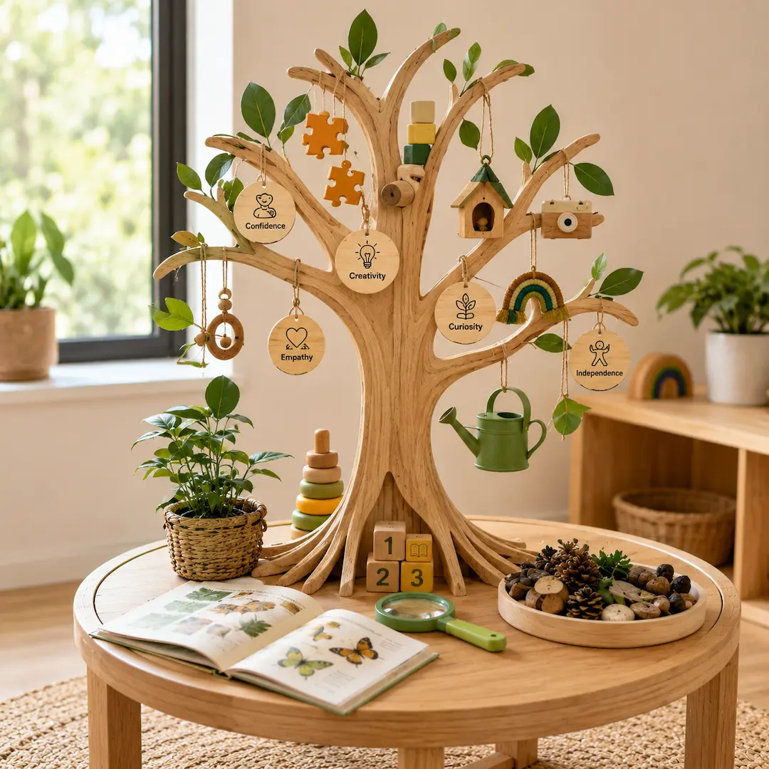 Wooden learning tree in a preschool classroom showcasing confidence, creativity, curiosity and life skills beyond academics.