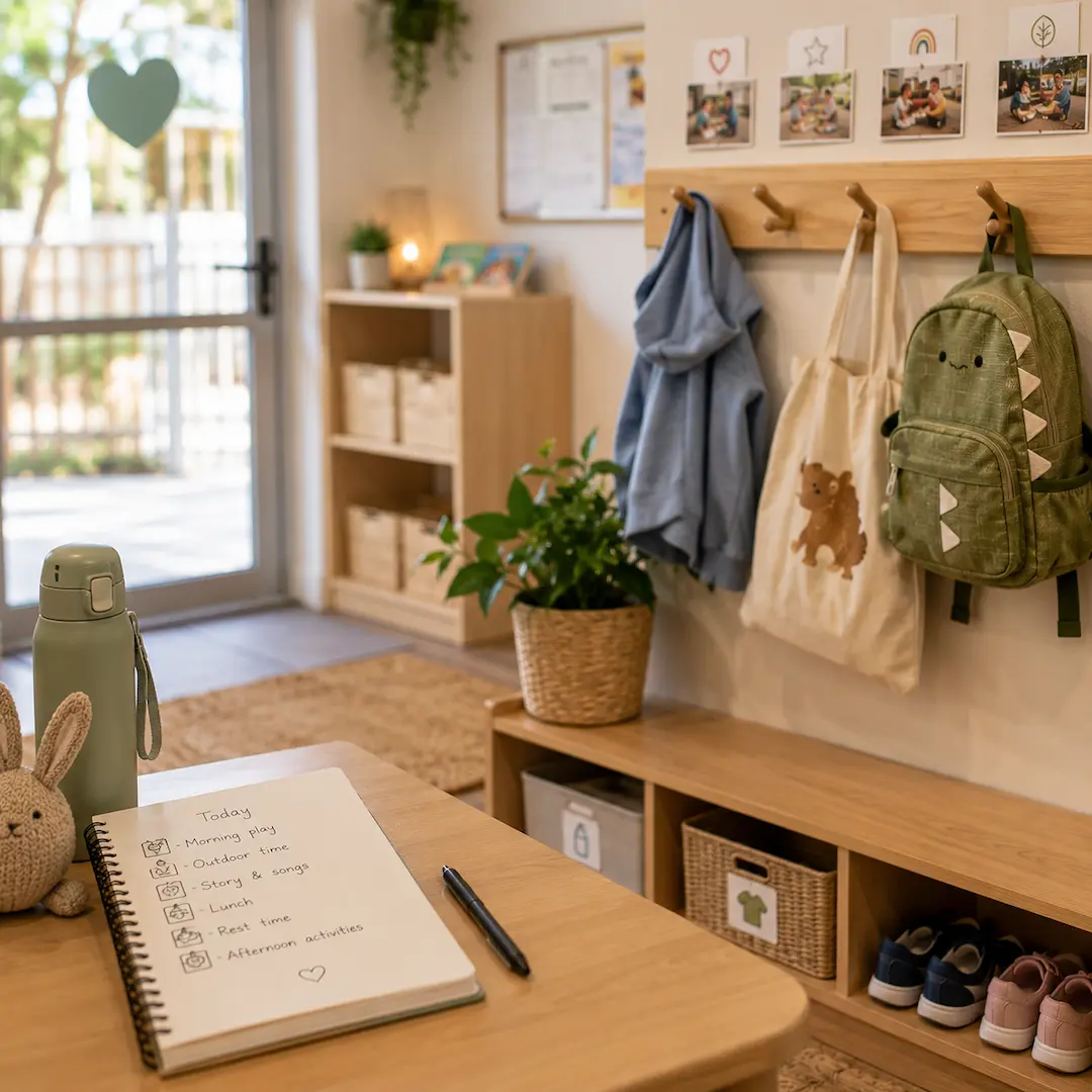 Childcare centre entrance with labelled belongings, daily routine planner, and organised learning environment supporting a smooth childcare transition.