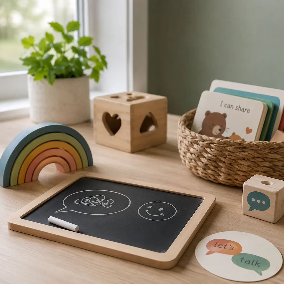 Early childhood communication learning setup featuring conversation prompts, books, educational toys, and activities that help children develop language and social skills before starting school.