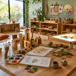Creative early learning atelier with blocks, sketches, clay, and open-ended materials supporting imagination, discovery, and growth.
