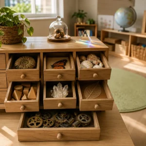 Discovery cabinet filled with fossils, shells, crystals, geometric shapes and natural treasures that inspire curiosity and exploration.