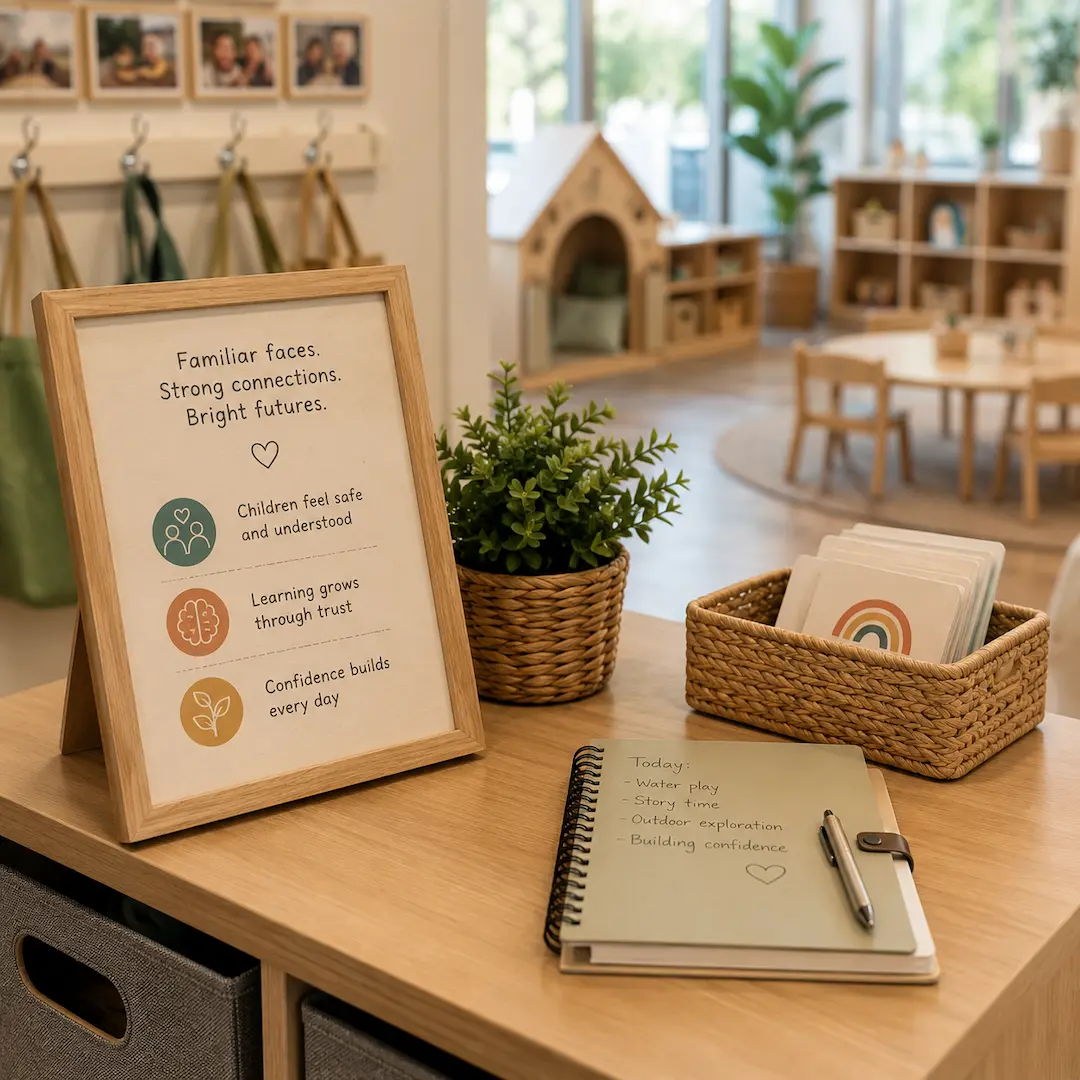 Childcare centre welcome area highlighting educator consistency, familiar routines, supportive learning spaces, and a nurturing early learning environment.