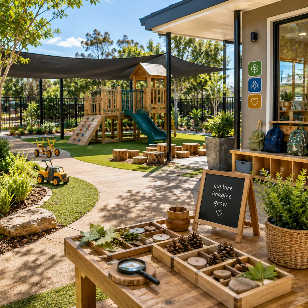 Outdoor play-based learning area at a childcare centre featuring natural play materials, climbing equipment, sensory exploration, and open-ended learning spaces.