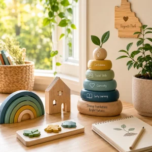 Early learning themed display in Regents Park highlighting confidence, curiosity, social skills, and school readiness through play-based education and child development activities.