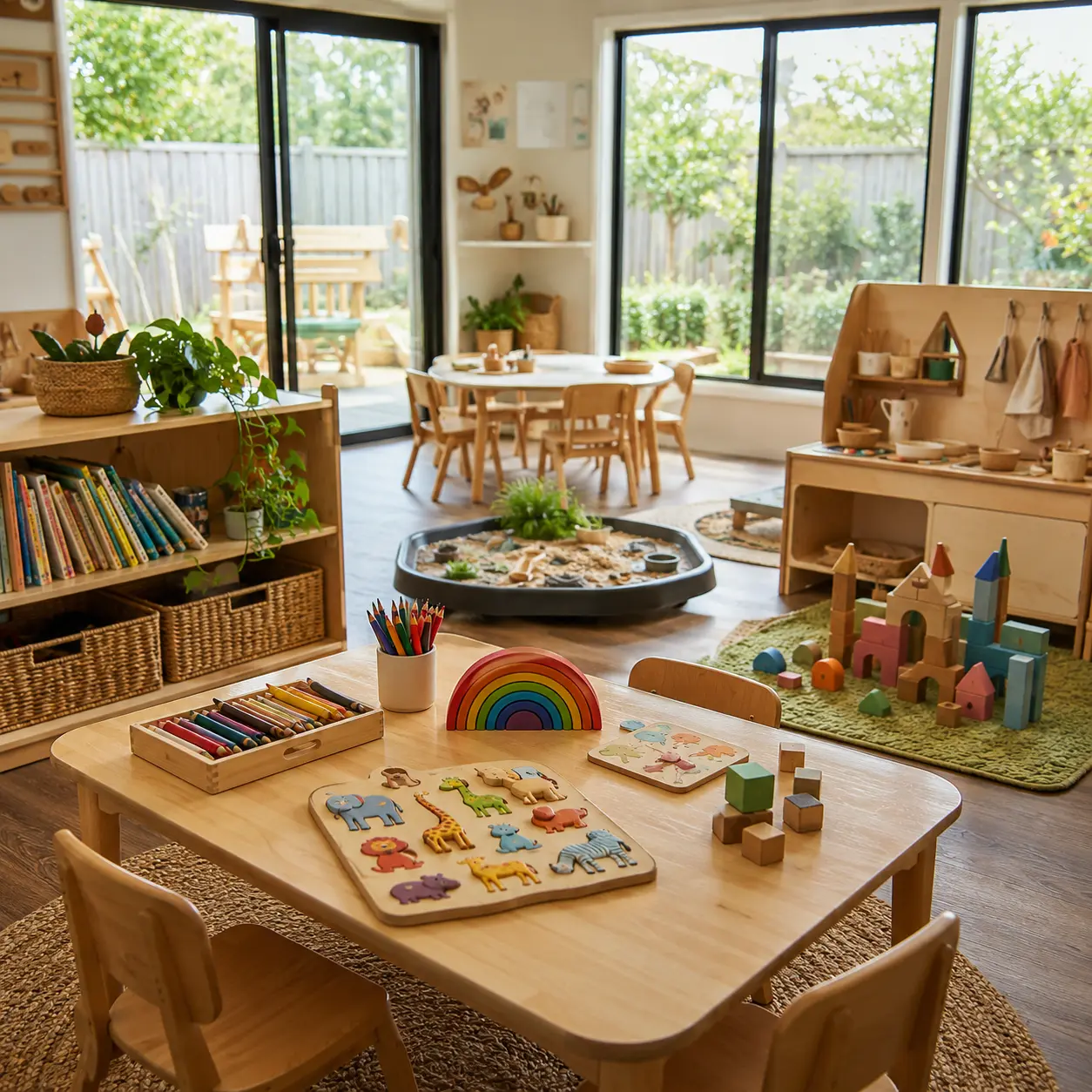 Bright Raceview childcare room with puzzles, building blocks, art supplies and imaginative play areas for play-based early learning.