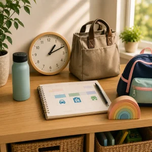 Childcare planning setup with a clock, work bag, school backpack and family schedule, representing Ipswich Hospital shifts, school drop-offs and care.