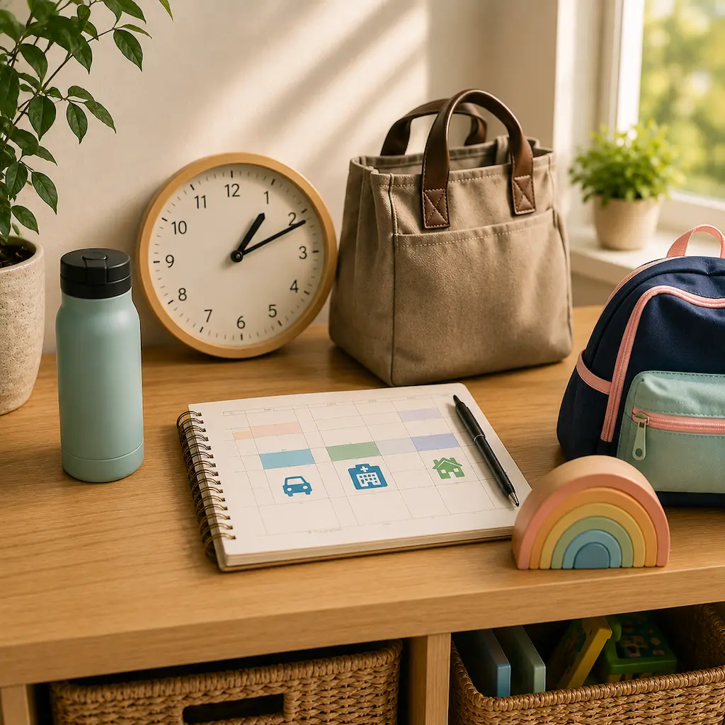 Childcare planning setup with a clock, work bag, school backpack and family schedule, representing Ipswich Hospital shifts, school drop-offs and care.