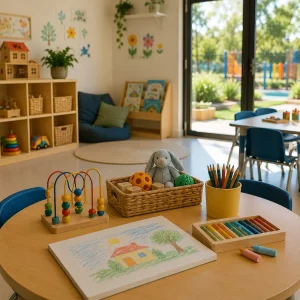 Bright early learning classroom with creative art supplies, educational toys, and a welcoming play area, ideal for nurses seeking flexible child care near Heritage Park.