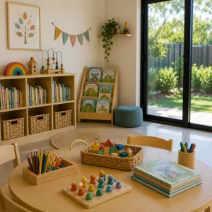 Modern child care classroom with books, educational toys, and creative learning materials, providing a welcoming environment for hospitality workers seeking flexible child care in Heritage Park.