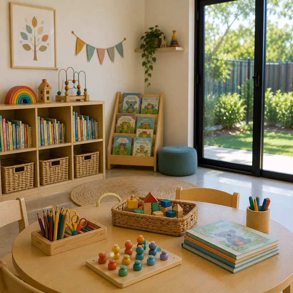 Modern child care classroom with books, educational toys, and creative learning materials, providing a welcoming environment for hospitality workers seeking flexible child care in Heritage Park.