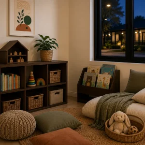 Calm childcare reading and rest area at night with books, soft cushions, wooden toys and warm lighting supporting children’s emotional wellbeing.