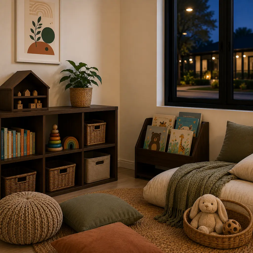 Calm childcare reading and rest area at night with books, soft cushions, wooden toys and warm lighting supporting children’s emotional wellbeing.