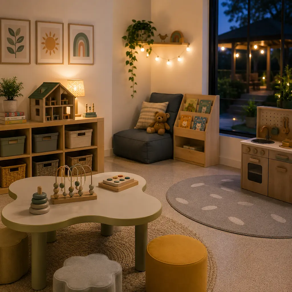 Modern childcare centre in Ipswich with organised learning spaces, educational materials, and a secure outdoor play area supporting families who work shift schedules.