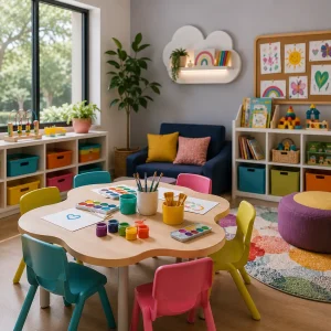 Modern childcare centre with welcoming learning spaces, educational resources, and a secure outdoor play area supporting nurses with rotating roster schedules.
