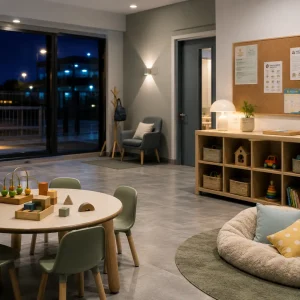 Quiet Australian childcare room at night with child-sized tables, wooden toys, storage shelves and a cosy rest area for extended-hours care.