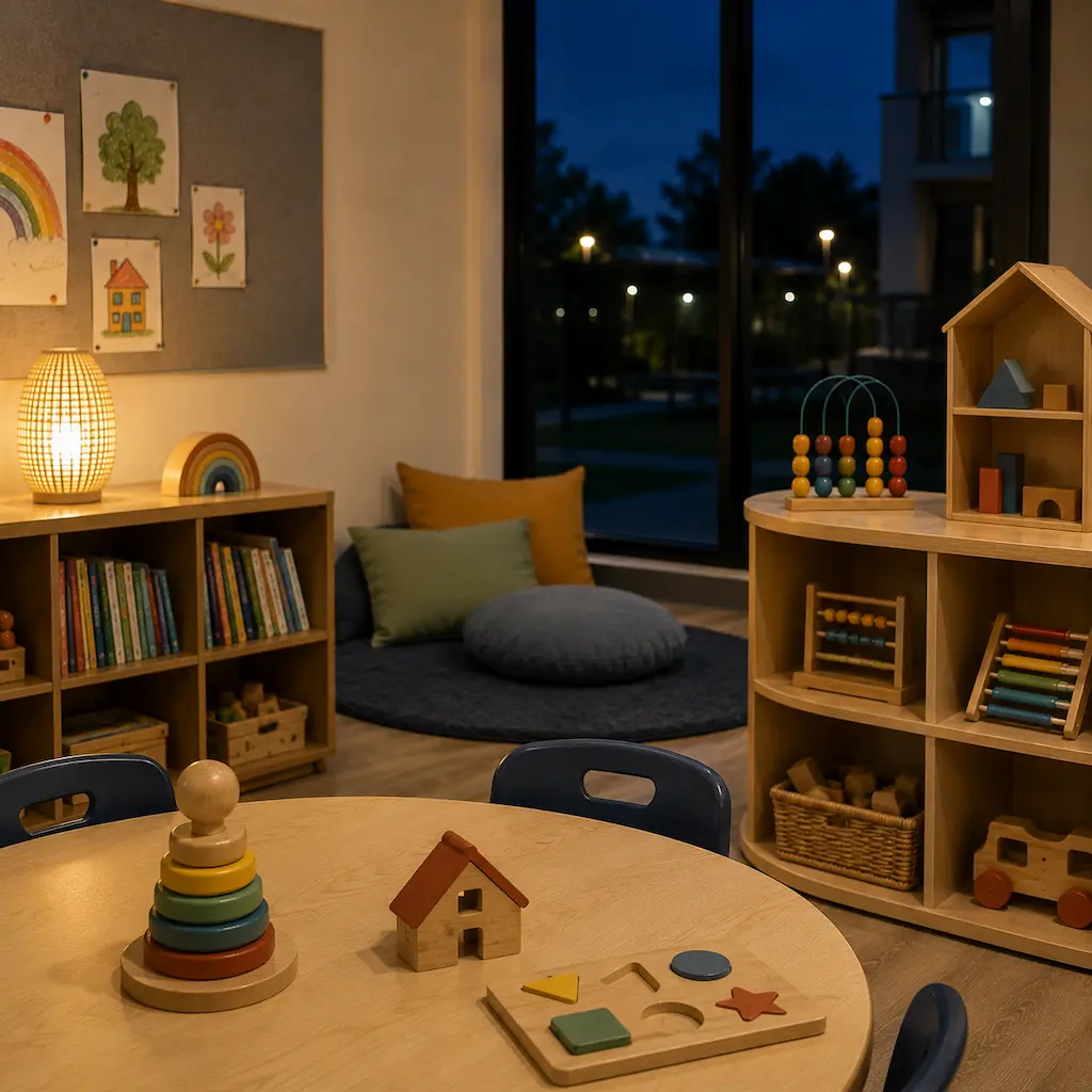 Warm extended hours childcare environment with familiar learning spaces, calming activities, and educational resources that help children feel safe and secure during early morning and late care.