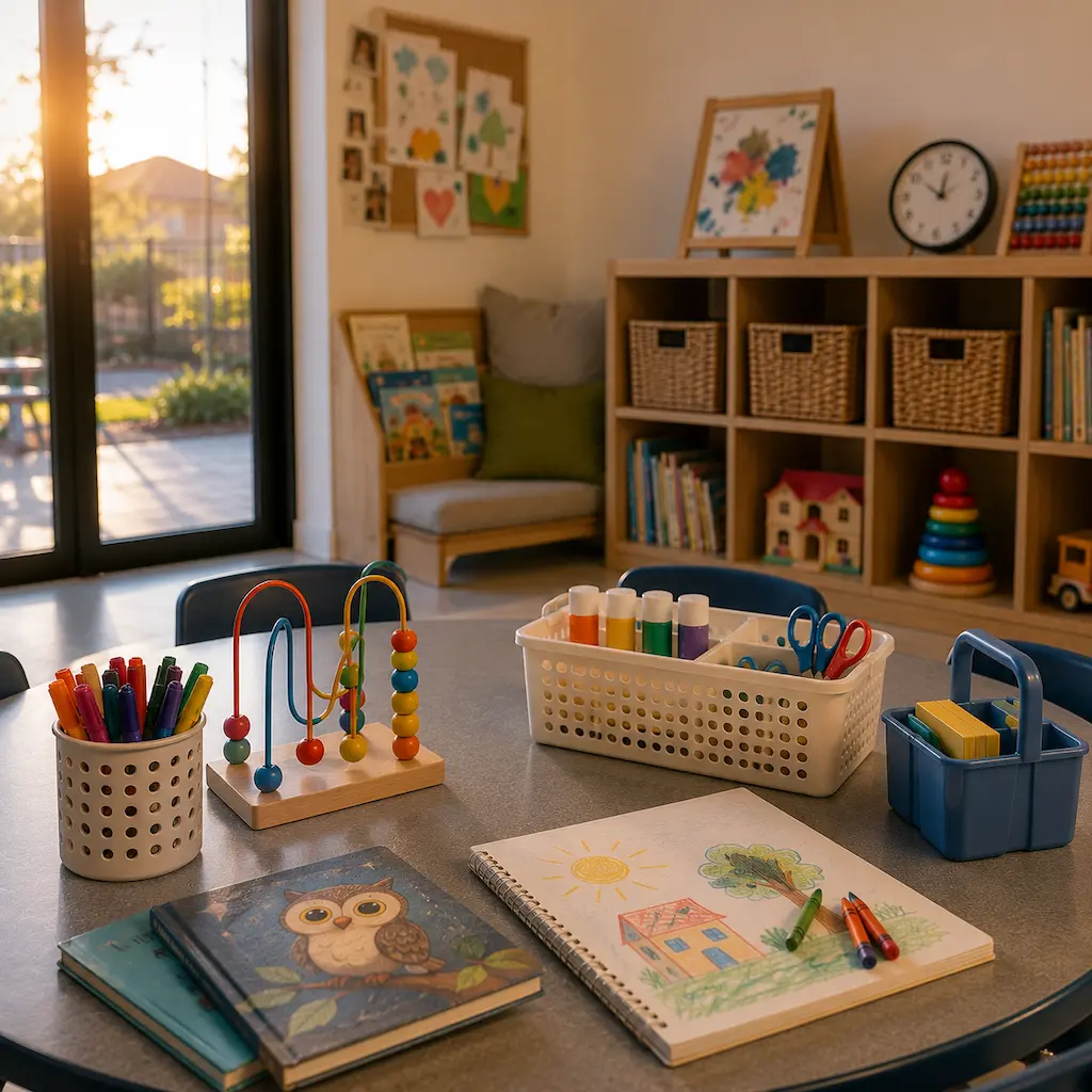 Bright early morning childcare environment in Raceview with educational materials, organised learning spaces, and a secure outdoor play area prepared for children arriving from 6am.