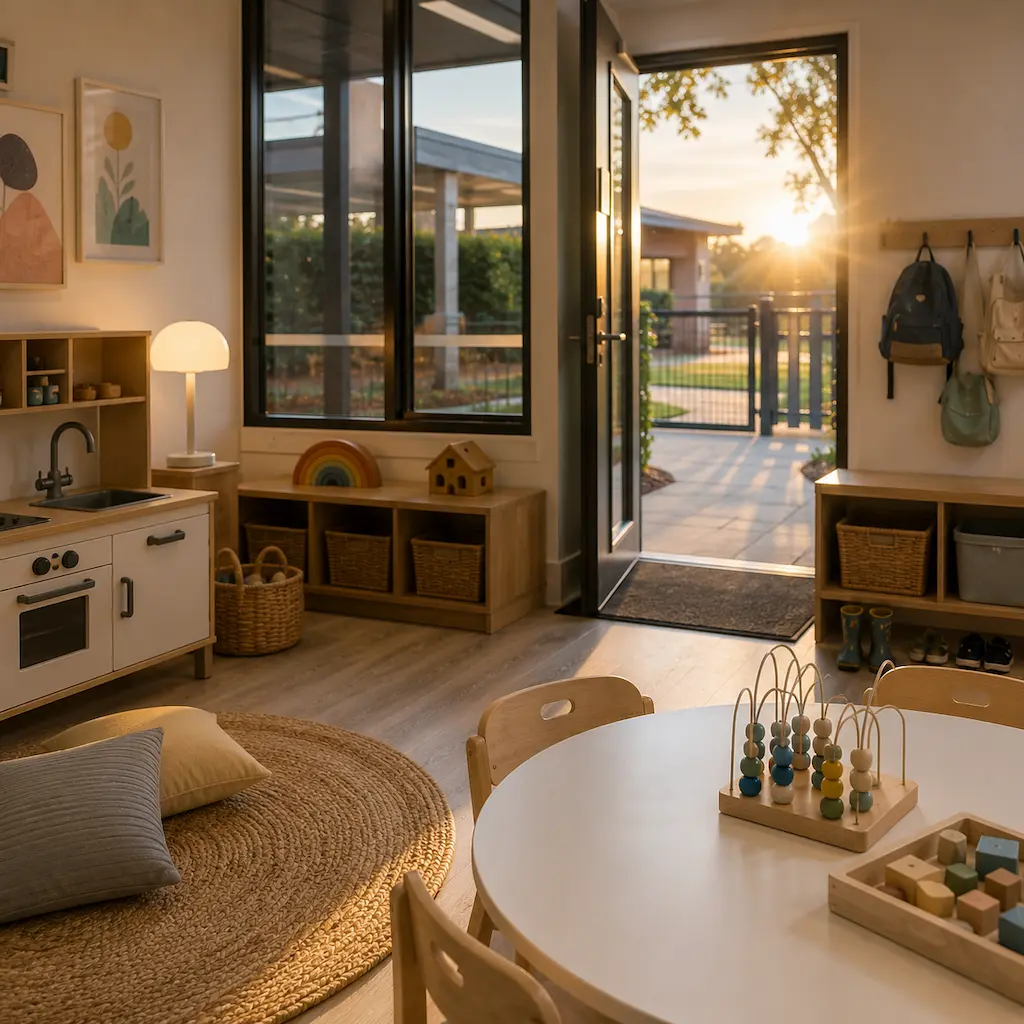 Warm early-morning childcare room with sunrise through an open door, children’s backpacks, toys and a calm drop-off area.