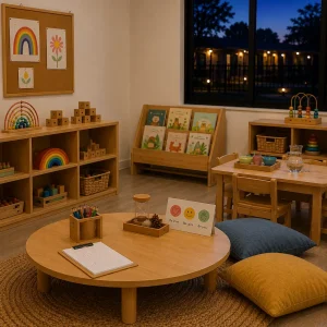 Calm extended-hours childcare room with books, learning toys, art supplies and soft seating designed to support children’s wellbeing during a long care day.