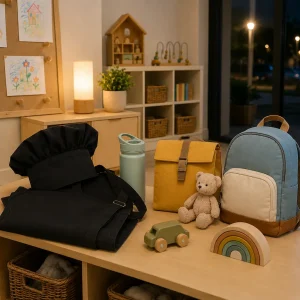 Childcare essentials including backpacks, a lunch bag, water bottle, and educational toys in a welcoming evening childcare setting for chefs and late-finish workers in Logan.