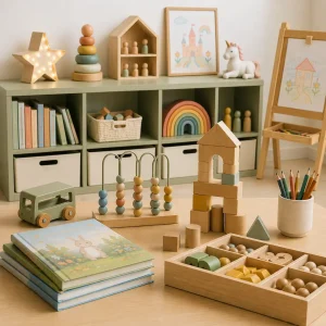 Extended hours childcare classroom with books, building blocks, and educational toys that encourage creativity, problem-solving, and early childhood development in a nurturing learning environment.