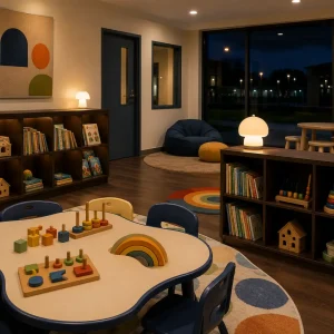 Extended hours childcare environment with organised learning areas, comfortable rest spaces, and educational resources that support consistent routines and build children's confidence throughout the day.