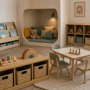 Calm Raceview childcare room with wooden toys, books, child-sized tables and a cosy reading nook for extended-hours care.