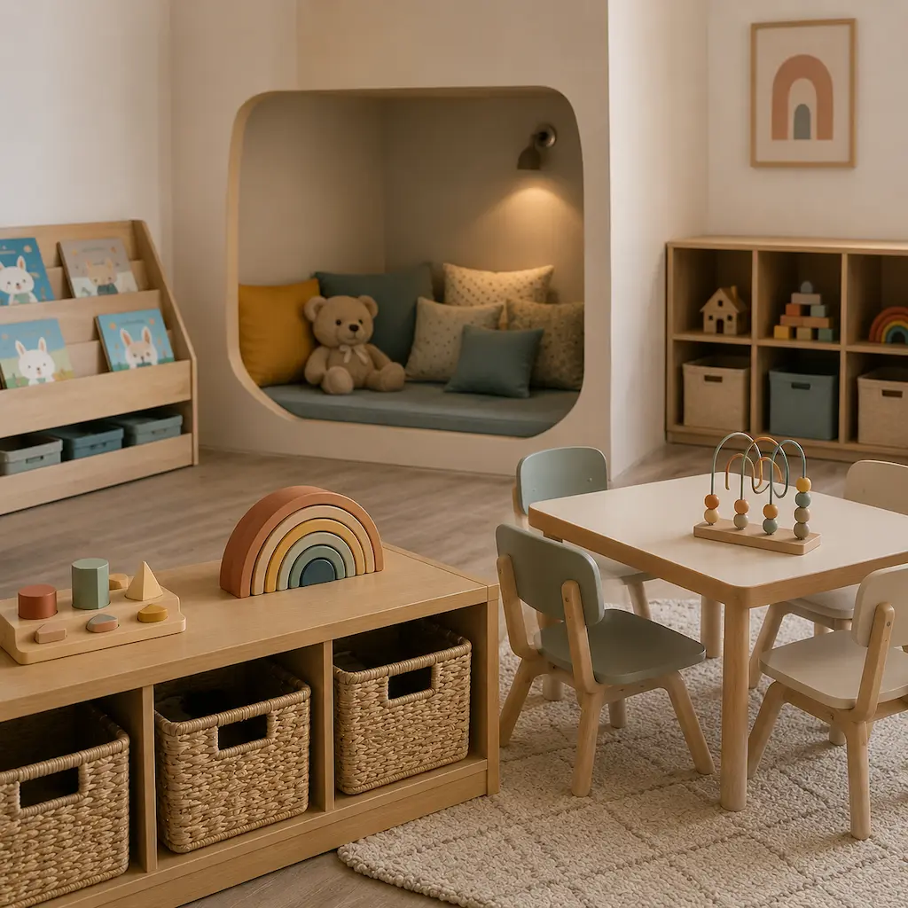 Calm Raceview childcare room with wooden toys, books, child-sized tables and a cosy reading nook for extended-hours care.