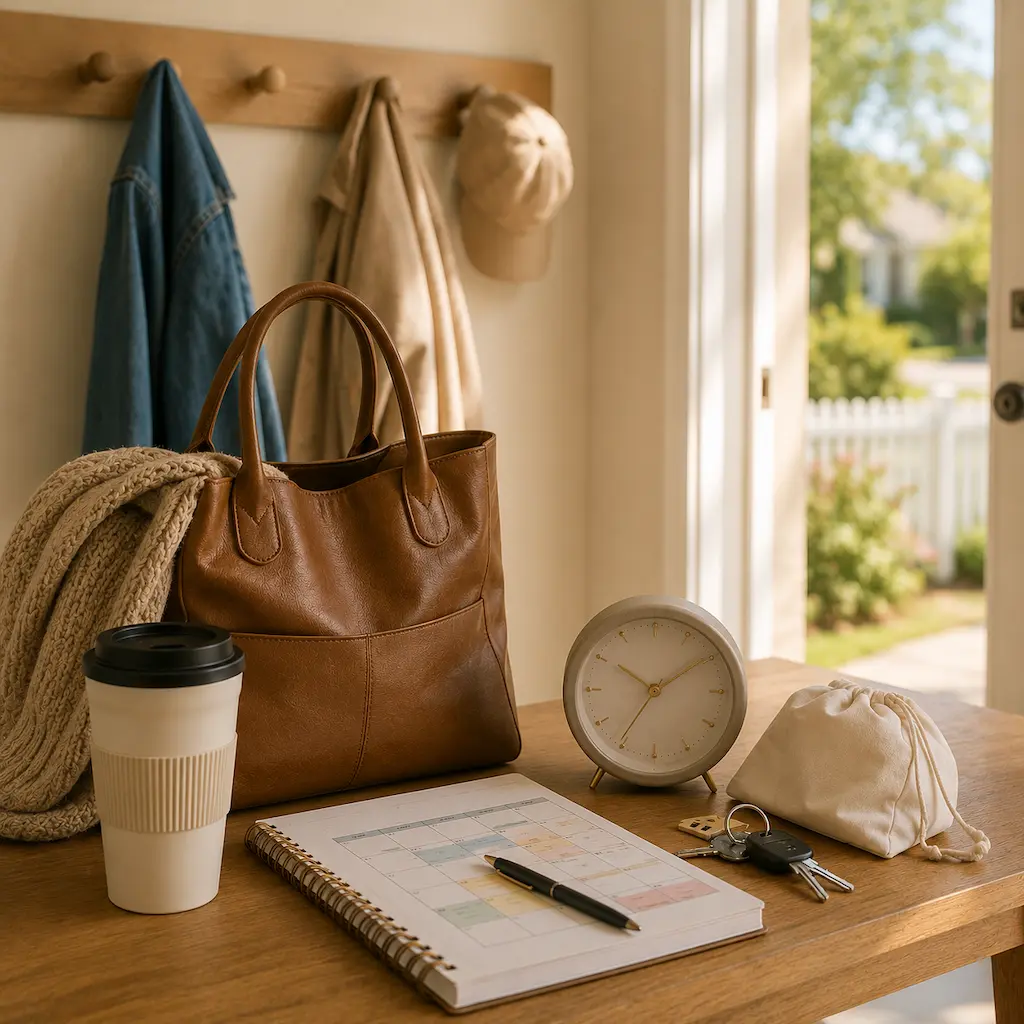 Work bag, coffee cup, roster planner, clock and keys prepared for a shift, representing Heritage Park parents managing changing work schedules.