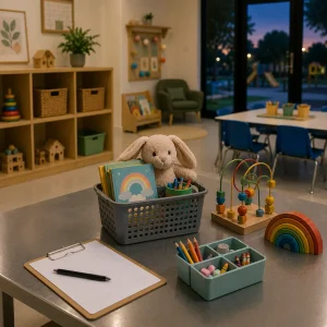 Evening childcare classroom with educational toys, art supplies, a sign-in clipboard, and a basket containing books and a plush bunny, creating a warm and welcoming extended hours care environment.