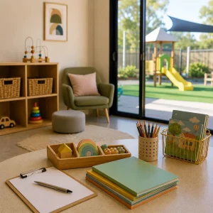 Modern extended hours childcare centre in Logan featuring a calm learning space with educational toys, books, activity table, and a secure outdoor playground visible through large windows.