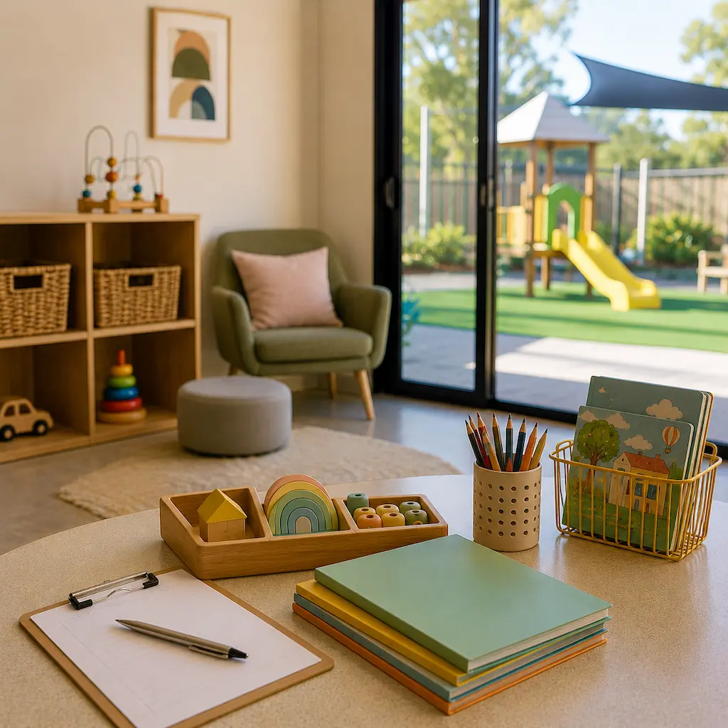 Modern extended hours childcare centre in Logan featuring a calm learning space with educational toys, books, activity table, and a secure outdoor playground visible through large windows.
