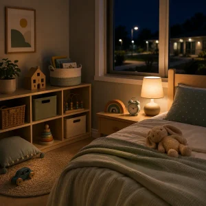 Calm child’s bedroom at night with soft lighting, a cosy bed, toys and an alarm clock, representing a steady bedtime routine after late extended care.
