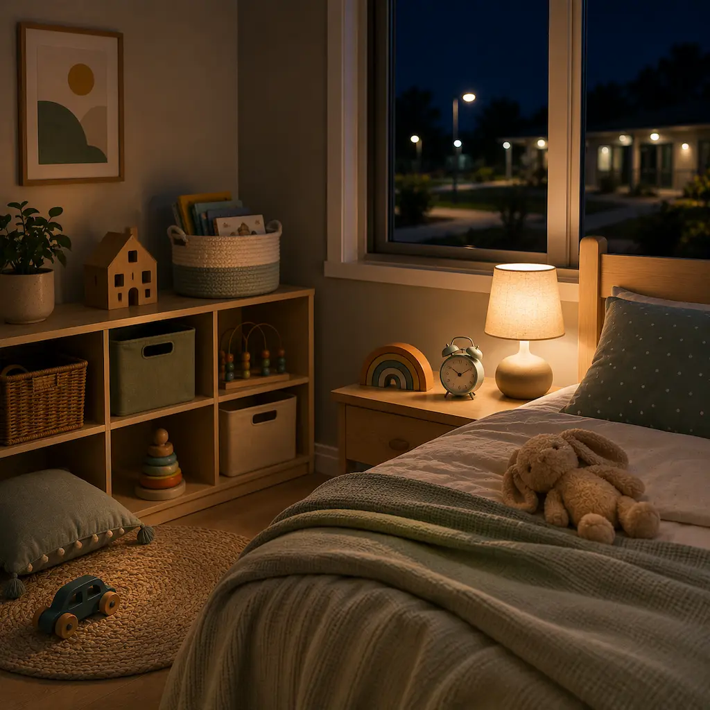 Calm child’s bedroom at night with soft lighting, a cosy bed, toys and an alarm clock, representing a steady bedtime routine after late extended care.