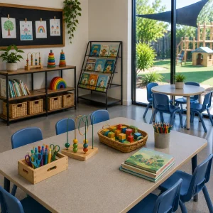 Bright, modern extended-hours childcare room in Raceview with books, educational toys, activity tables and views of the outdoor play area.