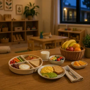 Healthy evening meal and snacks with fruit, vegetables, toast, eggs and milk prepared for children in extended-hours care.