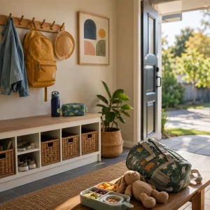 Childcare entry area with a packed backpack, healthy lunchbox, comfort toy, and organised storage, representing how to prepare a child for extended hours childcare.