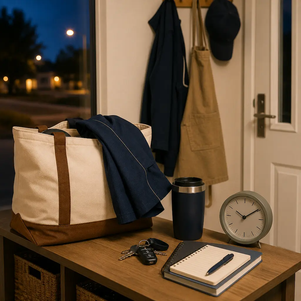 Work bag, uniform, travel mug, keys and clock prepared for an early shift, representing Raceview parents working non-standard hours.