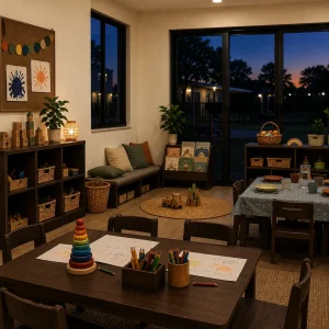 Warm extended-hours childcare room at dusk with art tables, toys, books and a prepared evening dining area.