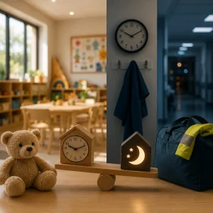 Childcare room shown across daytime and evening, with a teddy bear, clocks and a shift worker’s bag representing care for split hospitality shifts.