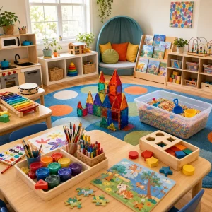 Colourful early learning playroom with art supplies, building blocks, puzzles, sensory play, musical toys and creative learning activities for young children.
